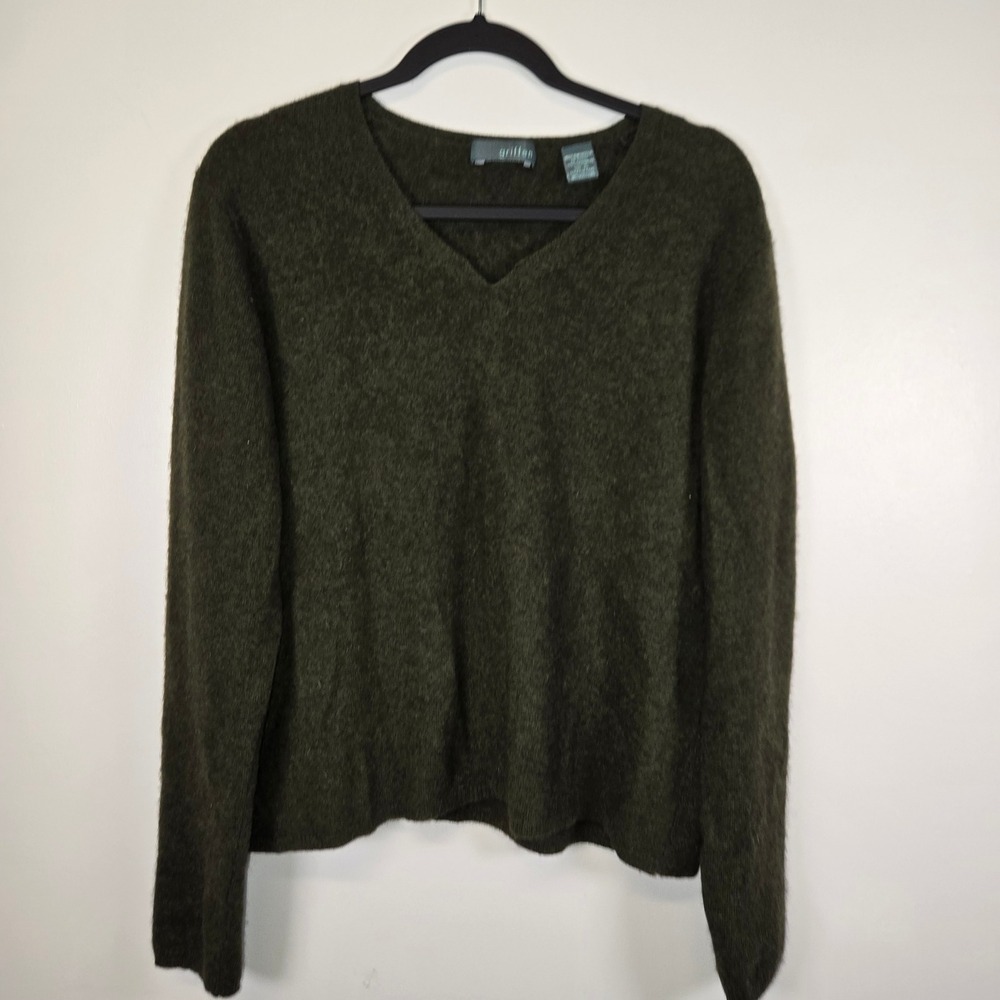 Griffen Cashmere Sweater Womens XL Forest Green V-Neck Long Sleeve Pullover